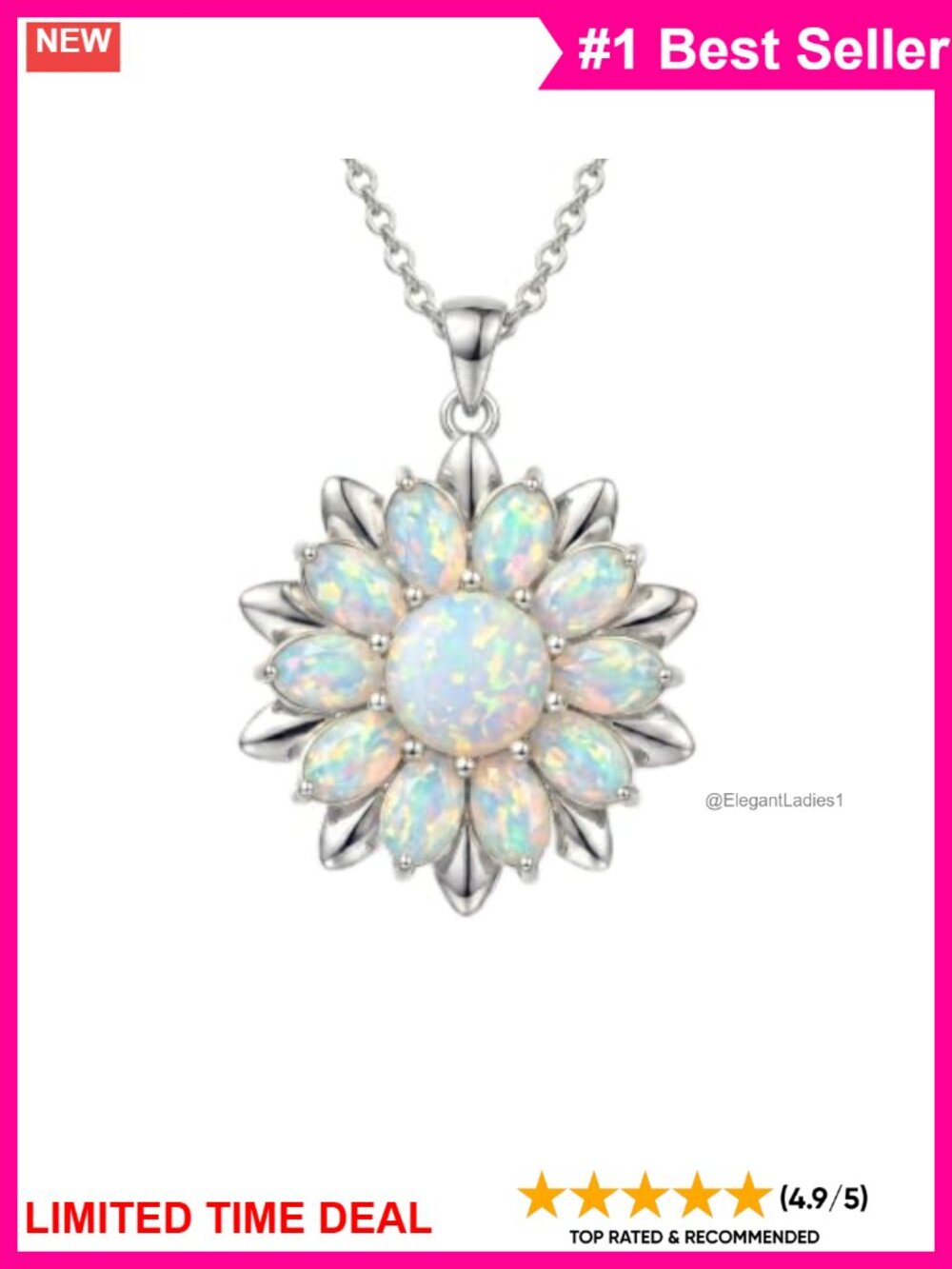 18K White Gold Plated Opal Sunflower Pendant Necklace 18+2" Chain Gift
